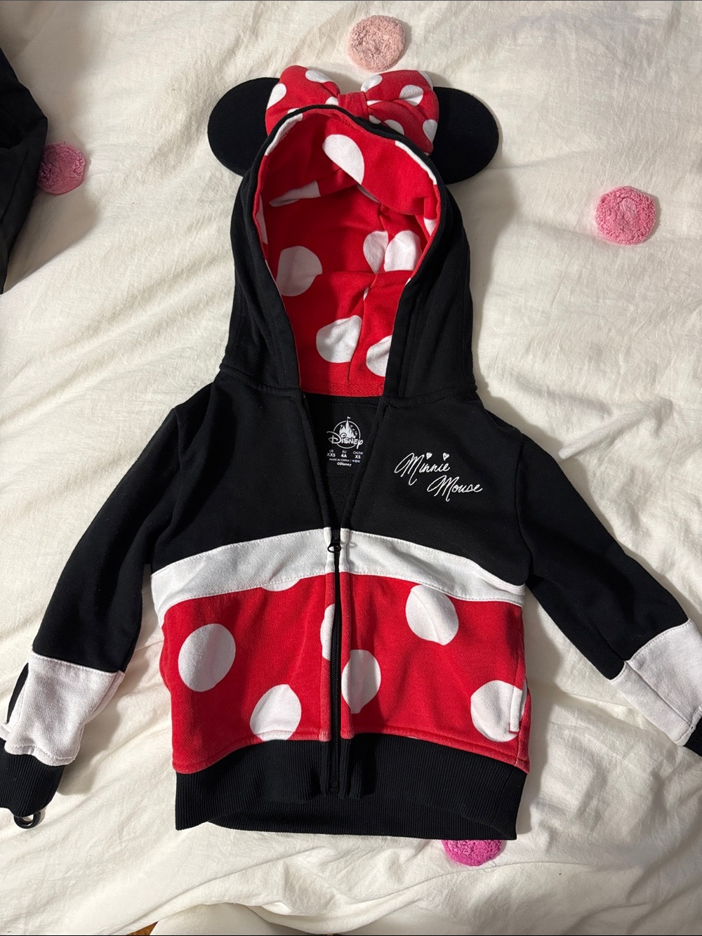 Disney Minnie Mouse Black & Red Polka Dot Hooded Zip-Up with ears attached